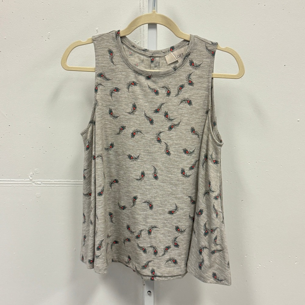 LOFT Grey Peacock Feather Print Button Back Sleeveless Swing Top Heather Gray S